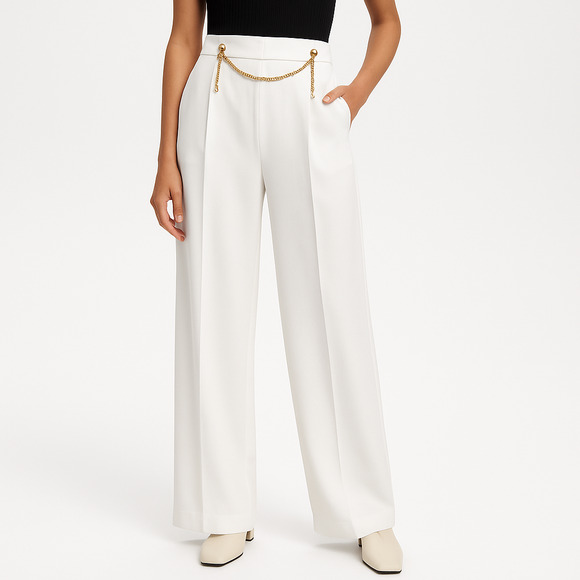 Zara Pants Womens XL White Wide Leg Chain Print High Waist Belt Polyester - Picture 1 of 12